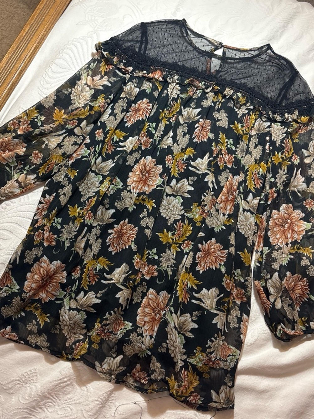 Black floral dress with sheer sleeves